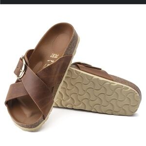 Birkenstock Sienna Tan Brown Leather Sandals with Cross Straps and Big Buckle